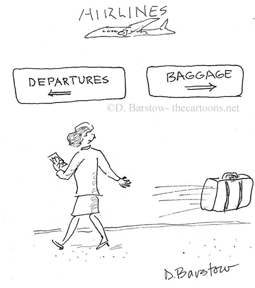 Woman in airport loses control of suitcase, which flies in opposite direction. Copyright D.Barstow