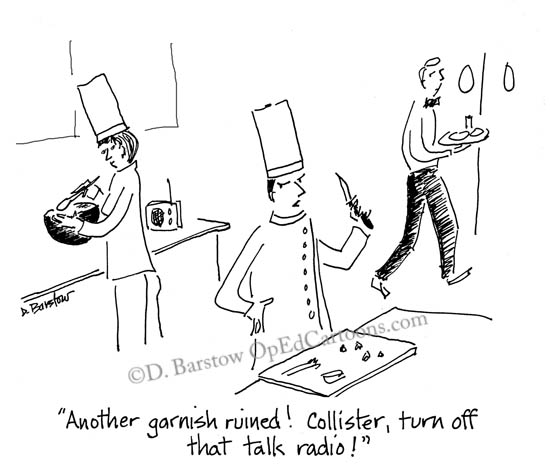 chef cartoon - chef can't concentrate on food prep with radio on